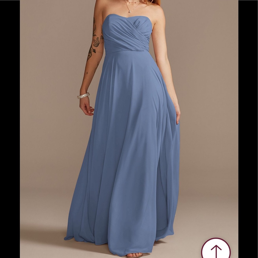 David’s Bridal F15555 steel blue strapless maxi dress